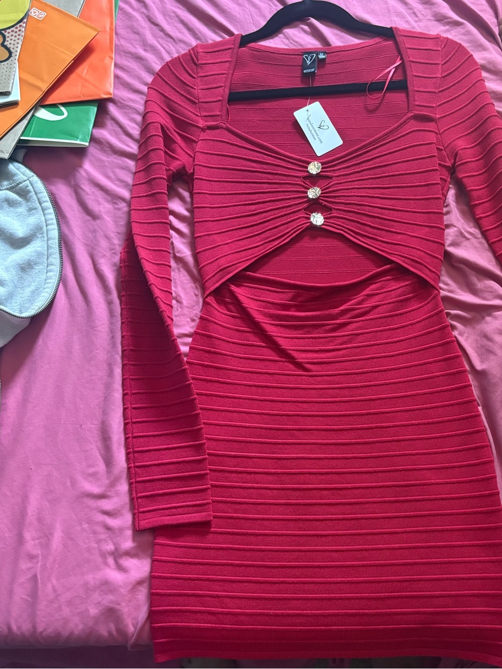 Windsor Red Ribbed Long Sleeve Cutout Bodycon Dress